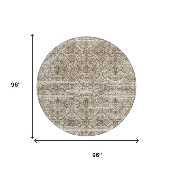8 Ft Round Floral Polyester Area Rug Washable Beige Brown Indoor Outdoor Patio