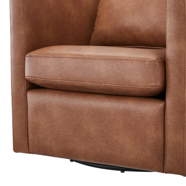 English Elm Sutton Ultra-Soft Faux Leather Swivel Barrel Chair in Brown — Stain-Resistant, Reversible Cushions, 360° Comfort B050P322591
