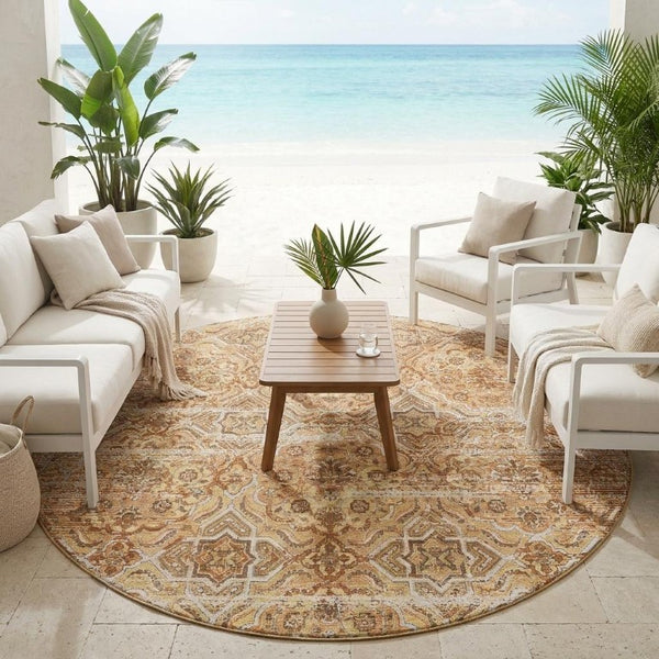 8 Ft Round Floral Polyester Rug Stain Resistant for Indoor Outdoor Spaces