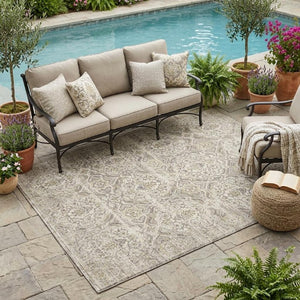 5x8 Ivory Floral Polyester Area Rug Stain Resistant for Indoor Outdoor Living