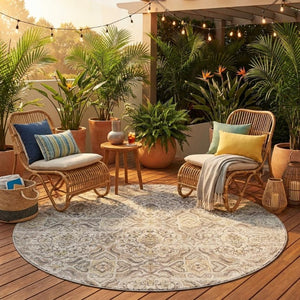 8 Foot Round Floral Polyester Area Rug Ivory Washable for Patio or Family Room