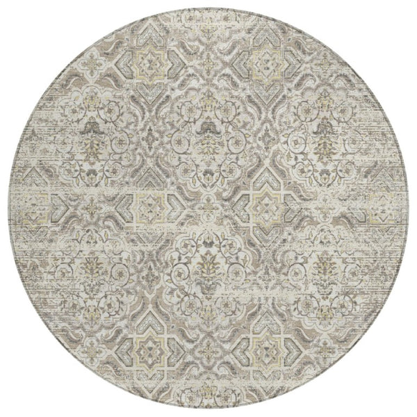 HomeRoots 8 Foot Round Floral Polyester Area Rug Ivory Washable for Patio or Family Room 737425
