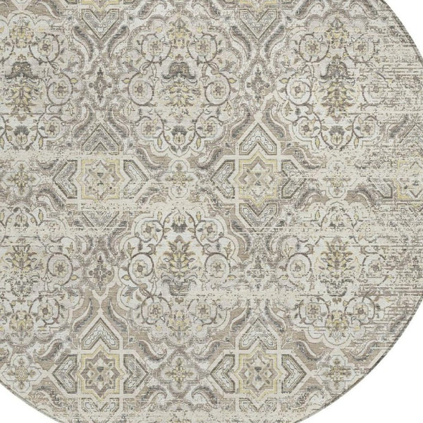 8 Foot Round Floral Polyester Area Rug Ivory Washable for Patio or Family Room
