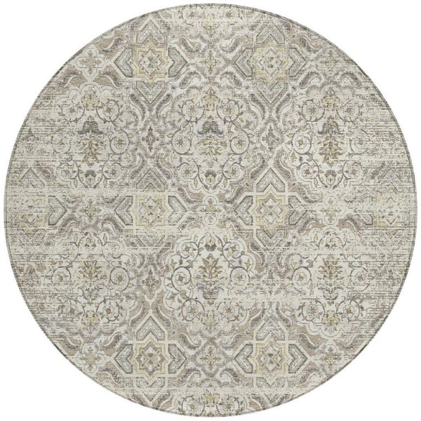 8 Foot Round Floral Polyester Area Rug Ivory Washable for Patio or Family Room