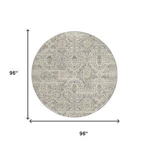 8 Foot Round Floral Polyester Area Rug Ivory Washable for Patio or Family Room