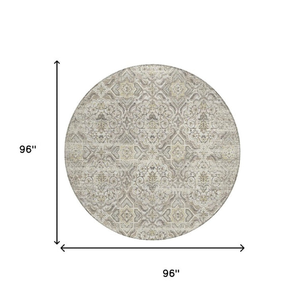 8 Foot Round Floral Polyester Area Rug Ivory Washable for Patio or Family Room