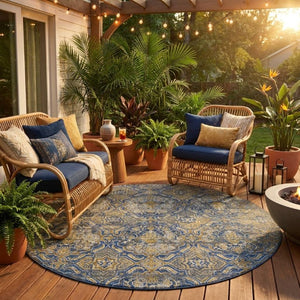 8 Ft Round Floral Polyester Area Rug Washable Indoor Outdoor Stain Resistant Navy
