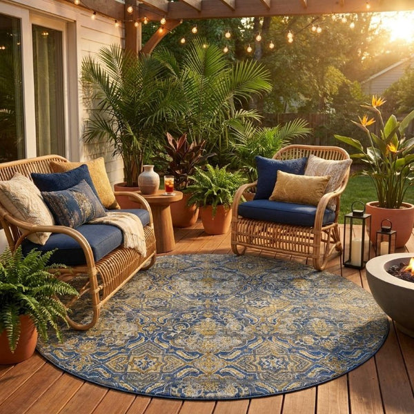 8 Ft Round Floral Polyester Area Rug Washable Indoor Outdoor Stain Resistant Navy
