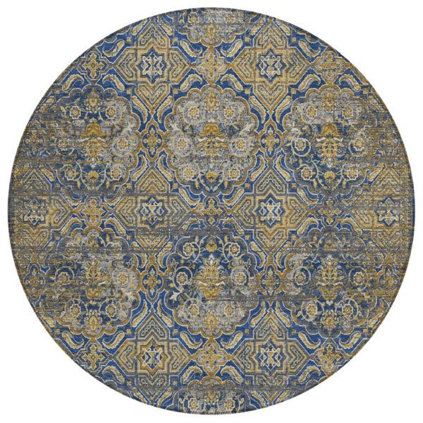 HomeRoots 8 Ft Round Floral Polyester Area Rug Washable Indoor Outdoor Stain Resistant Navy 737431