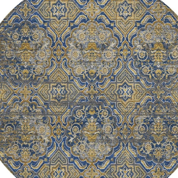 8 Ft Round Floral Polyester Area Rug Washable Indoor Outdoor Stain Resistant Navy