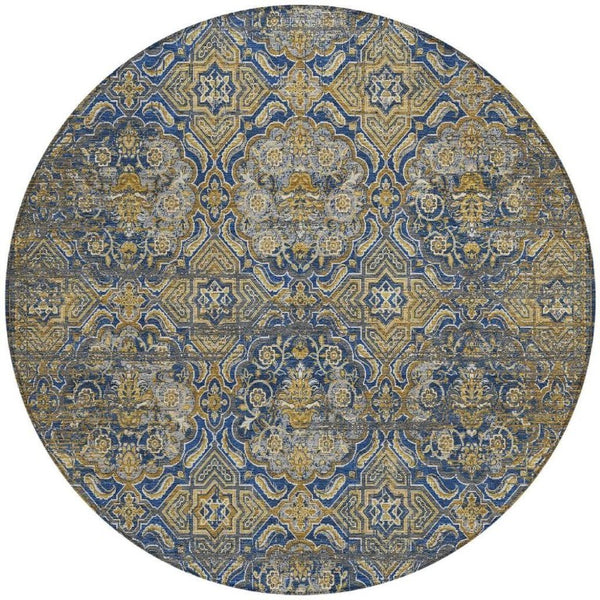 8 Ft Round Floral Polyester Area Rug Washable Indoor Outdoor Stain Resistant Navy
