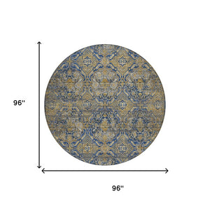 8 Ft Round Floral Polyester Area Rug Washable Indoor Outdoor Stain Resistant Navy