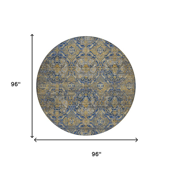 8 Ft Round Floral Polyester Area Rug Washable Indoor Outdoor Stain Resistant Navy