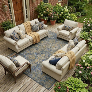 8x10 Floral Polyester Area Rug Washable Stain Resistant Indoor Outdoor Navy Blue
