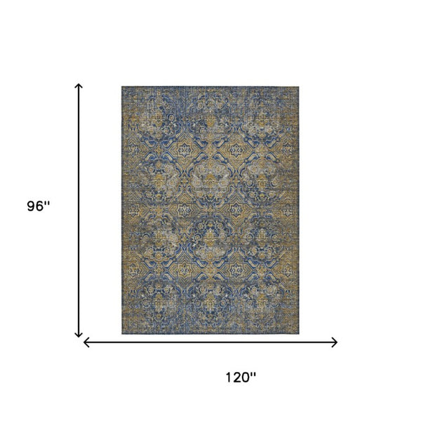 8x10 Floral Polyester Area Rug Washable Stain Resistant Indoor Outdoor Navy Blue