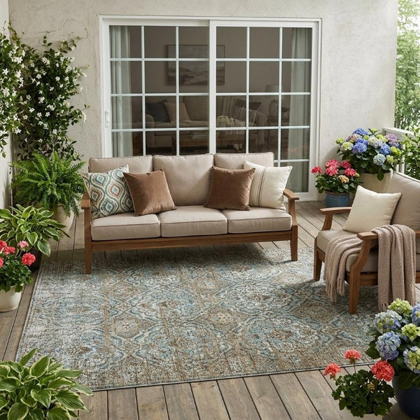 5 X 8 Teal Floral Polyester Area Rug Washable Stain Resistant Indoor Outdoor Use