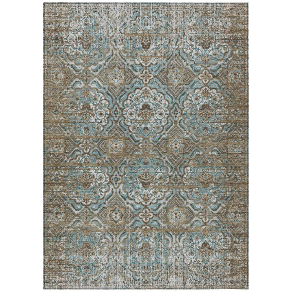 HomeRoots 5 X 8 Teal Floral Polyester Area Rug Washable Stain Resistant Indoor Outdoor Use 737442