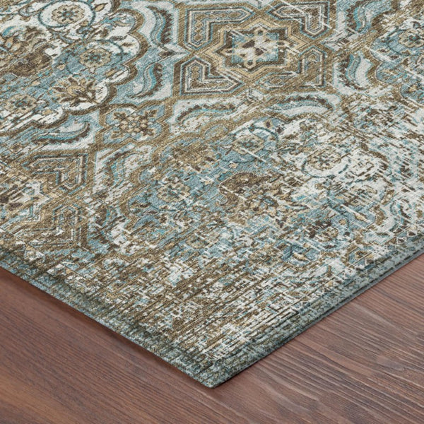 5 X 8 Teal Floral Polyester Area Rug Washable Stain Resistant Indoor Outdoor Use
