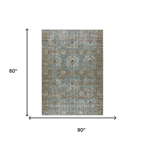 5 X 8 Teal Floral Polyester Area Rug Washable Stain Resistant Indoor Outdoor Use