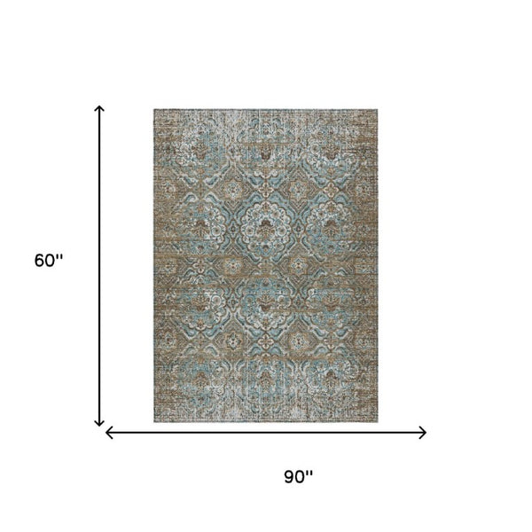 5 X 8 Teal Floral Polyester Area Rug Washable Stain Resistant Indoor Outdoor Use
