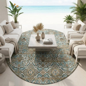 8 Foot Round Floral Polyester Area Rug Washable Teal Stain Resistant Indoor Outdoor