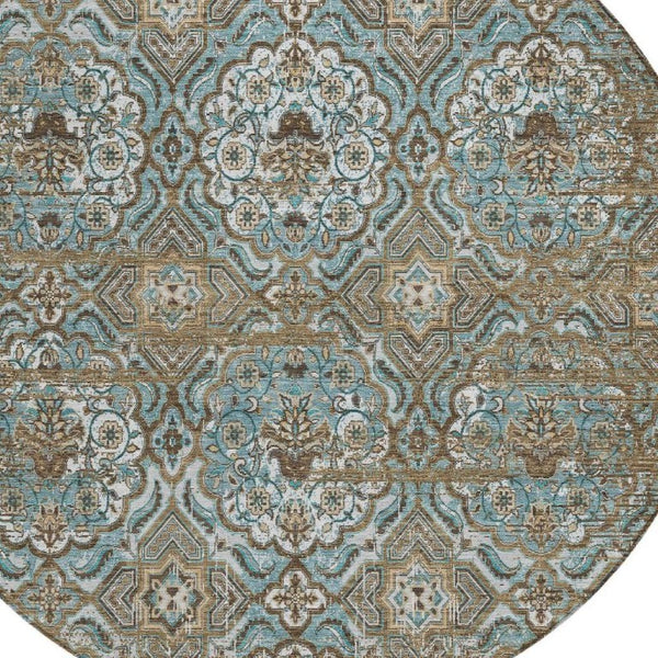 8 Foot Round Floral Polyester Area Rug Washable Teal Stain Resistant Indoor Outdoor
