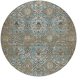 8 Foot Round Floral Polyester Area Rug Washable Teal Stain Resistant Indoor Outdoor