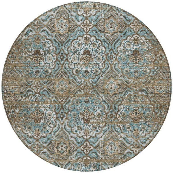 8 Foot Round Floral Polyester Area Rug Washable Teal Stain Resistant Indoor Outdoor