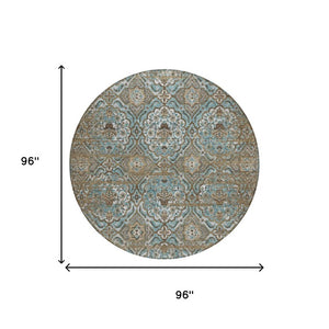 8 Foot Round Floral Polyester Area Rug Washable Teal Stain Resistant Indoor Outdoor