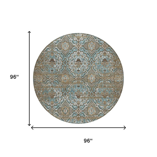 8 Foot Round Floral Polyester Area Rug Washable Teal Stain Resistant Indoor Outdoor