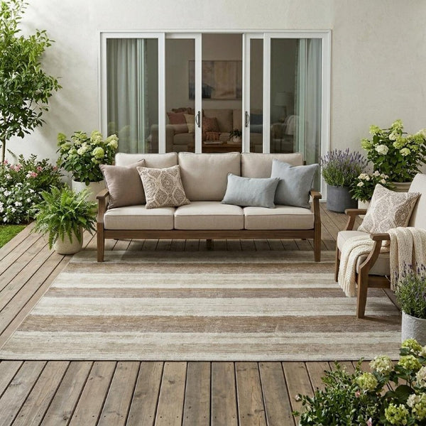 5 X 8 Striped Polyester Area Rug Washable Stain Resistant Indoor Outdoor Beige