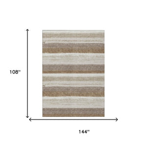 9 X 12 Beige Graphite Stripe Polyester Washable Indoor Outdoor Area Rug