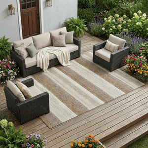 10 X 14 Beige Graphite Stripe Washable Polyester Rug for Patio Porch or Living Room
