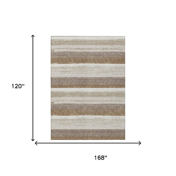 10 X 14 Beige Graphite Stripe Washable Polyester Rug for Patio Porch or Living Room