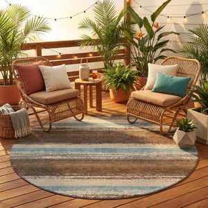 8 Foot Round Striped Polyester Area Rug Washable Indoor Outdoor Patio and Porch Use