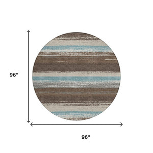 8 Foot Round Striped Polyester Area Rug Washable Indoor Outdoor Patio and Porch Use