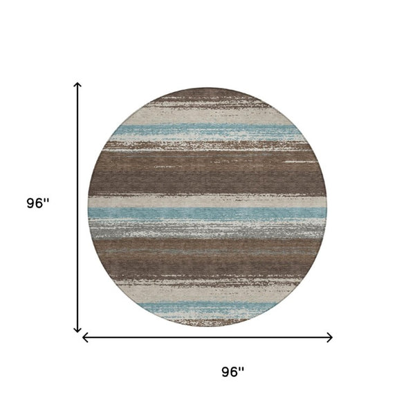 8 Foot Round Striped Polyester Area Rug Washable Indoor Outdoor Patio and Porch Use