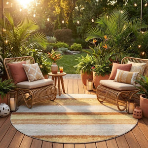 8 Ft Round Striped Polyester Rug Washable for Patio Porch Kitchen or Family Room