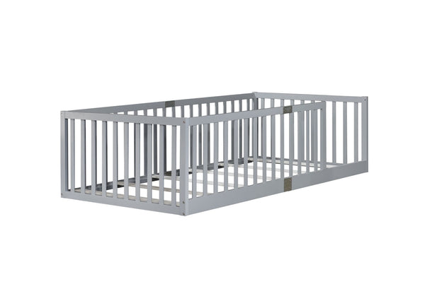 English Elm Twin Floor Bed Solid Rubber Wood with Tall Safety Railings for Toddler Sleep Grey W504P287642