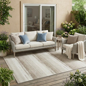 5x8 Ivory Linen Stripe Polyester Area Rug Washable Stain Resistant Indoor Outdoor Use