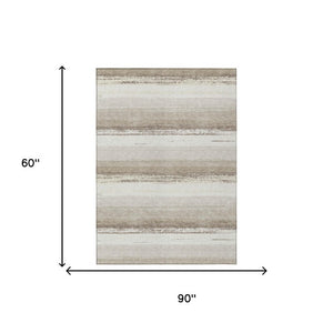 5x8 Ivory Linen Stripe Polyester Area Rug Washable Stain Resistant Indoor Outdoor Use