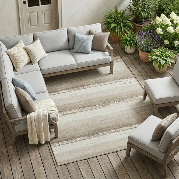 8x10 Ivory Linen Stripe Polyester Area Rug Washable for Patio Porch and Living Room