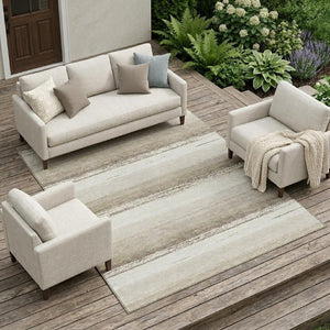 9 X 12 Ivory Linen Stripe Polyester Area Rug Washable Stain Resistant Patio