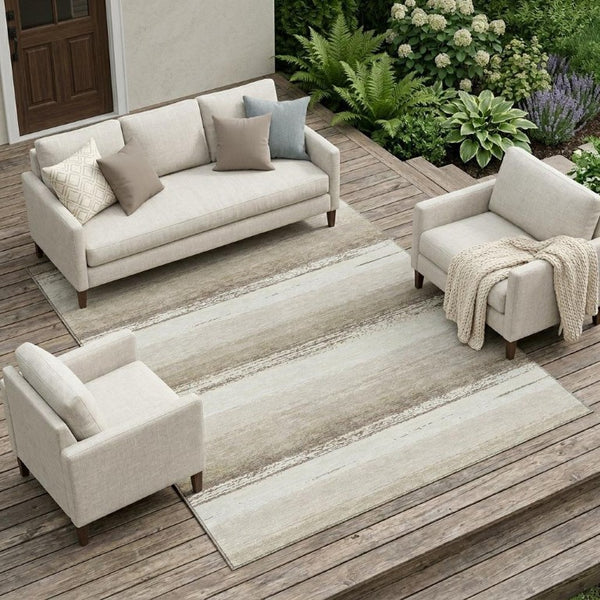 9 X 12 Ivory Linen Stripe Polyester Area Rug Washable Stain Resistant Patio