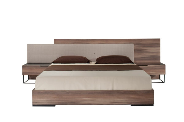 VIG Furniture Matteo Modern Italian Walnut & Beige Fabric Queen Bed Set With Nightstands, Soft-Close Drawers, Metal Legs VGACMATTEO-BED-Q