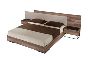 VIG Furniture Matteo Modern Italian Walnut & Beige Fabric Queen Bed Set With Nightstands, Soft-Close Drawers, Metal Legs VGACMATTEO-BED-Q