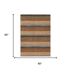5' X 8' Orange and Green Striped Washable Indoor Outdoor Area Rug