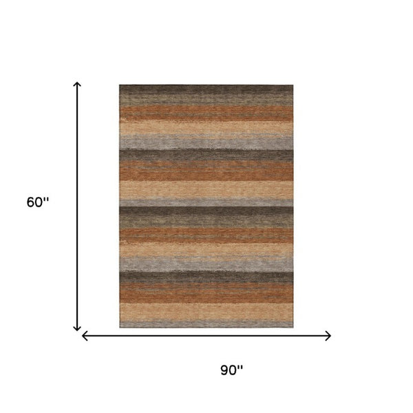 5' X 8' Orange and Green Striped Washable Indoor Outdoor Area Rug