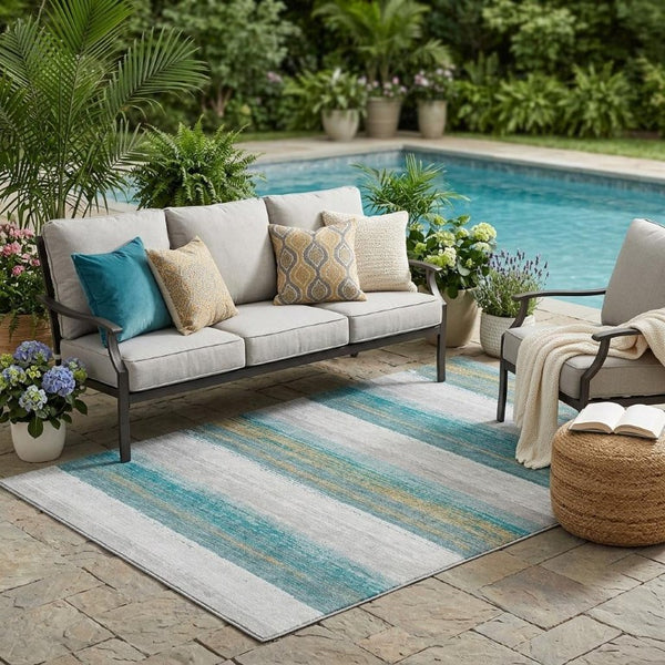 5x8 Teal Gray Striped Polyester Area Rug Washable Stain Resistant Indoor Outdoor