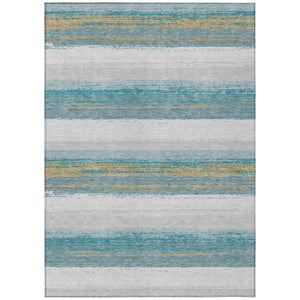 HomeRoots 5x8 Teal Gray Striped Polyester Area Rug Washable Stain Resistant Indoor Outdoor 737496